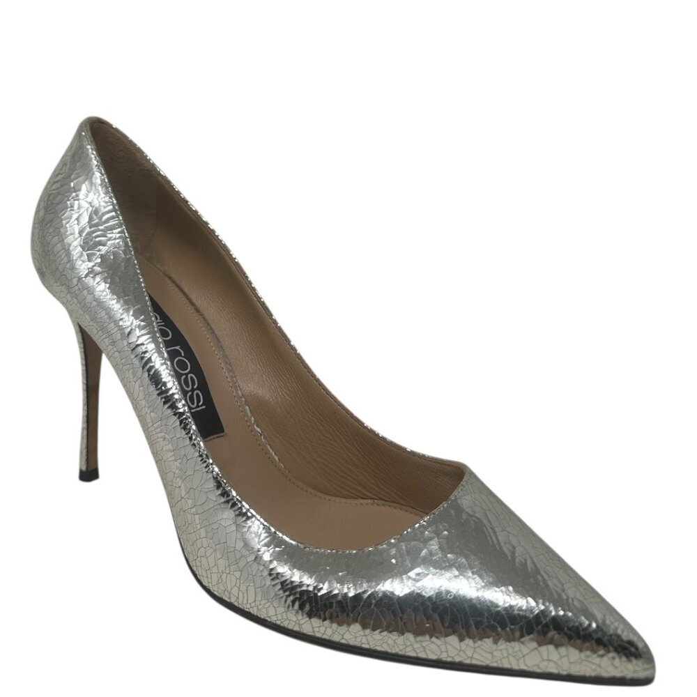 Sergio Rossi Godiva Platinum Mirror Grained Leather Pointed Toe 90mm Pumps 10